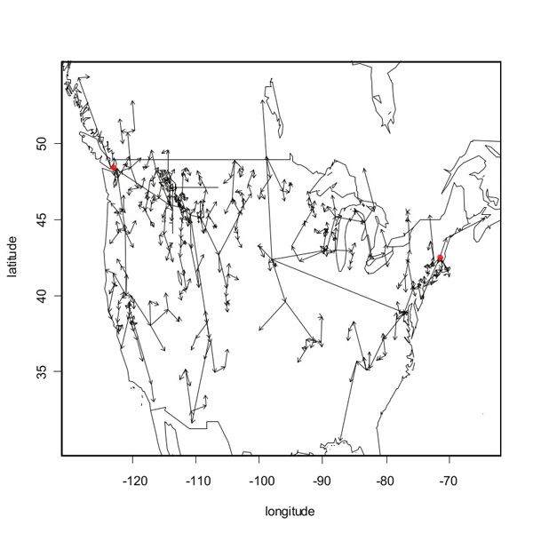 The most likely disperal routes of spotted knapweed in North America