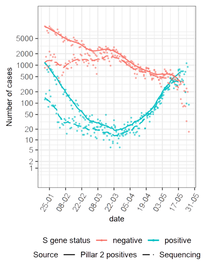 The number  S positive  (blue) and S negative  (red) tests each day since January 2021