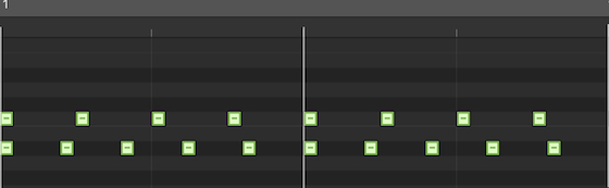 Major third (5:4) – The image shows the two sets of clicks needed to create a major third, repeated over two bars.  The first set in the top line is the root note, and has 4 clicks per bar.  The second set, for the major third above the root, has 5 clicks per bar.