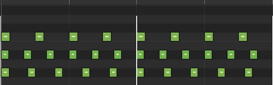 Major triad (4:6:5) – The three sets of clicks that create a major triad.  The top line is the root note with 4 clicks per bar. The middle line is the fifth note with 6 clicks per bar – this is in a ratio of 3:2 to the root note.  And the bottom line is the major third with 5 clicks per bar – a ratio of 5:4 with the root note.