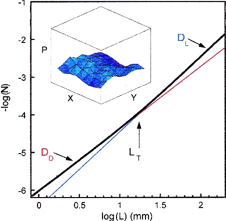 Figure 3: A plot of log N(L) versus log L for the aluminium trajectories of the painting 'Blue Poles'. The black line is the data (composed of 1523 data points within the first decade). The red and blue lines indicate the two gradients. Note that the graph remains linear beyond the range shown. The upper inset shows a plot of pattern density P versus the X and Y positions across the painting 'Number 14' (0.57m by 0.78m). P is defined as the per centage of the canvas surface area fill ed by the pattern within a square of side length L= 0.05m. The plotted ranges are 0 < P < 100% and 0< X, Y < 0.43m. The lower inset is a schematic representation of the box counting technique (see text for details).