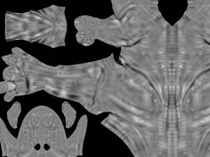 The information for the displacement map is encoded is also encoded into an ordinary image file, here the distance between the simple mesh model and the original detailed model at each point in the pattern is represented by the gray-scale value for each pixel.