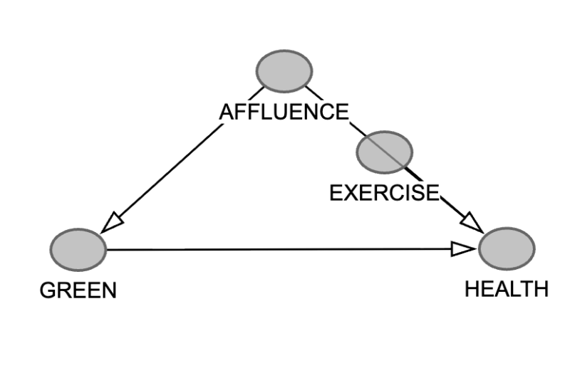Dag triangle in which affluence leads to green and health (with an arrow connecting green to health). There is a circle on the line between affluence and health labelled exercise.