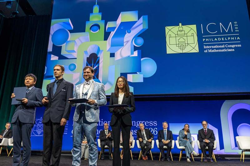 The four Fields Medallists. From left to right: Yu Deng, John Pardon, Jacob Tsimerman, Hong Wang. Image: Simons Foundation.