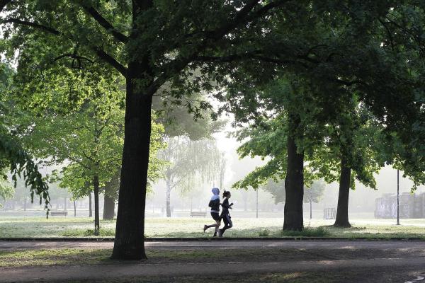 Two people running in a park