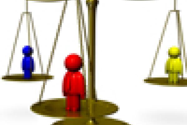 Three-way scales with a person on each plate