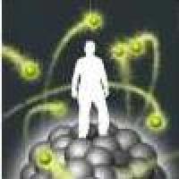 white silhouette standing on atom